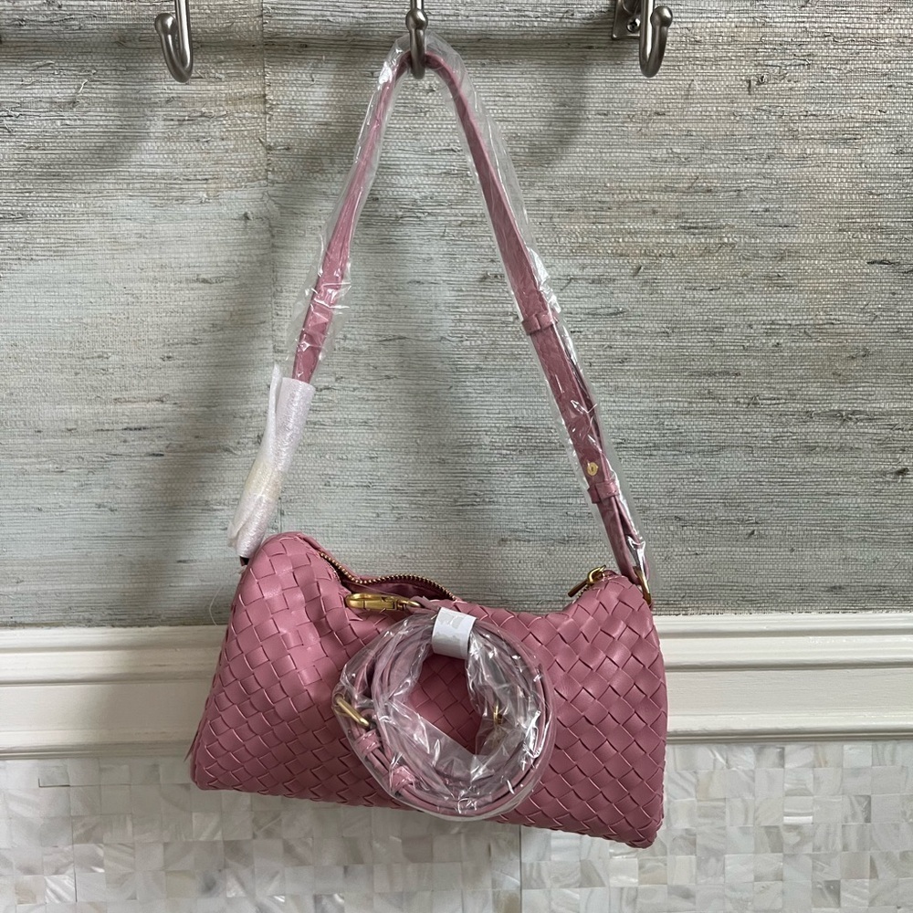 NWT new Anthropologie woven shoulder bag pink mauve faux leather zipper purse - Picture 9 of 15